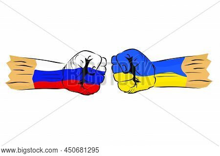 Vector Sketch Punching Or Fisting Hand, Ukraine And Rusia Flag Body Painting.