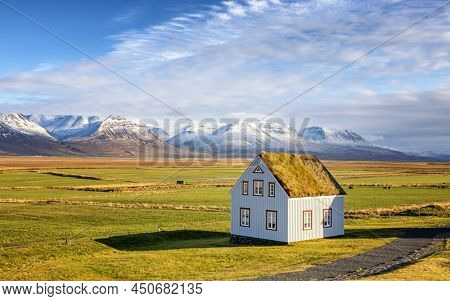 Traditional turf covered house in Glaumbaer, northwestern Iceland. Agricultural fields with horses, and snow-covered mountains in the background on a bright, autumn day. 
