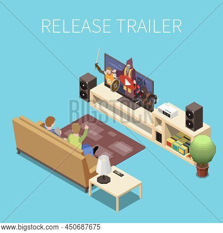 Game Development Isometric Concept With Release Trailer Symbols Vector Illustration