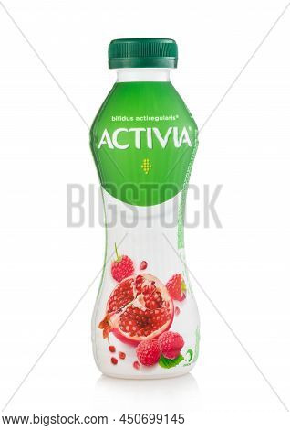 London,uk - March 01,2022: Pomegranate And Raspberry Activia Yoghurt Drink On White. Best For Breakf