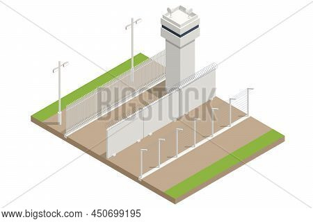 Isometric Security Fencing With Razor Wire Watch Tower. Prison Scene With Razor Wire And Guard Tower