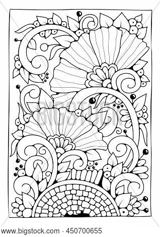 Coloring Page, Art Therapy. Artline A Bouquet Of Flowers For Coloring. Black And White Vector Floral