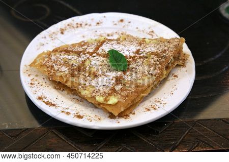 Moroccan Milk Bastilla (ktefa) Dessert Made Of Warga Pastry, Creme Anglaise, Sugar And Cinnamon. Mor