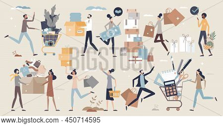 Consumer Set With Retail Goods Purchase Elements In Tiny Person Collection. Buyer In Store With Full