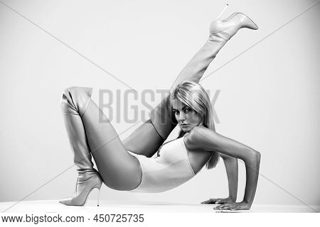Fashion Female High Heel Boots. Fashionable Woman In High Heel Boots Posing In Studio. Sexy Woman We