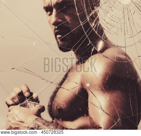 Parfume For Man. Brutal Handsome Man With Tattooed Body. Sexy Man With Muscular Body With Bare Torso