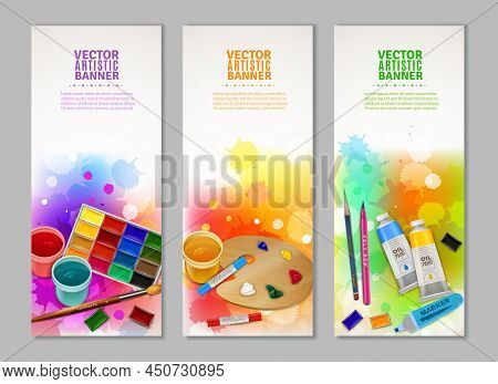 Bright Colorful Collection Of Vertical Artistic Banners With Watercolor Gouache And Pastel Paints Br