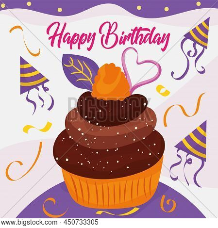Purple Happy Birthday Card With Isoltaed Cupcake Vector Illustration