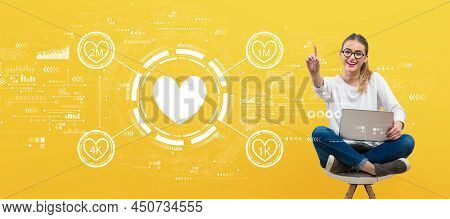 Get More Likes Concept With Young Woman Holding Her Laptop