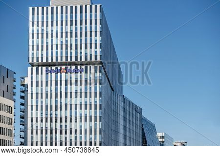 Strasbourg, France - Mar 8, 2022: Credit Mutuel Signage Logotype On The Tall Skyscraper In The Busin