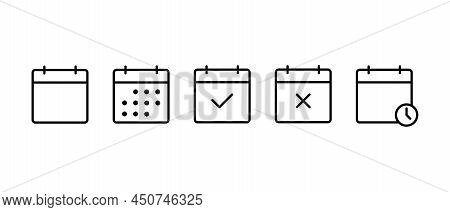Calendar Vector Icons Set. Line Cock, Check Mark, Date Symbol. Calendar Symbol For Apps And Website