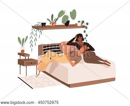 Lesbian Love Couple Lying On Bed At Home. Women, Romantic Homosexual Partners Relaxing In Bedroom To