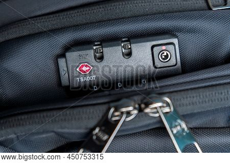 Tyumen, Russia-february 03, 2022: Tsa Accepted Lock Selective Focus. Travel Sentry Develops And Lice