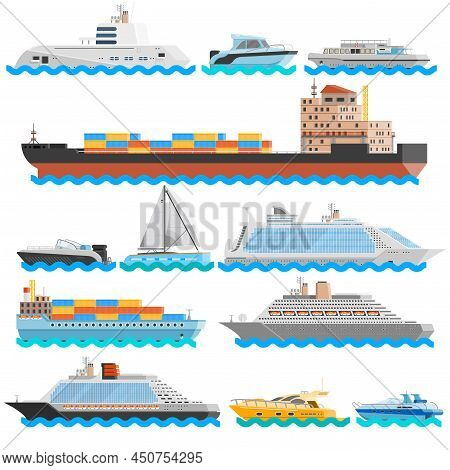 Water Transport Flat Decorative Icons Set Of Dry Cargo Ships Cruise Liners Yachts Sailboats Isolated