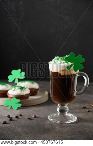 Irish Coffee In Glass Cup And Cupcakes For St Patrick S Day.