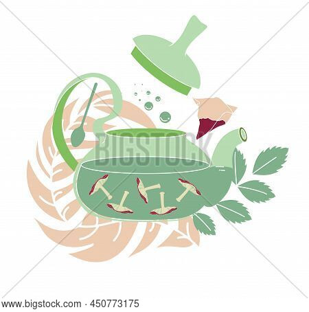 Winter Fall Mushroom Tea Pot With Feather Leave And Tea Bag Placement Print