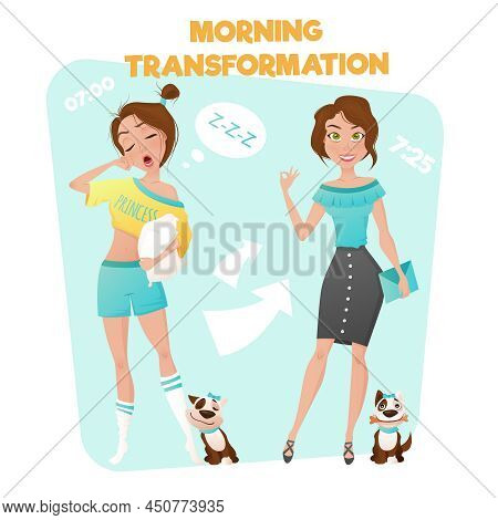 Cartoon Style Poster Of Morning Transformation From Sleepy Girl To Well Looking Business Woman Vecto