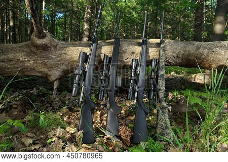 Four Hunting Rifles With Scope Optics Leaning Against A Fallen Tree