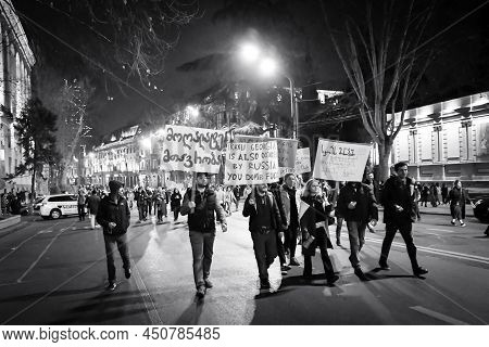 Tbilisi, Georgia - 1st March, 2022: : Hundreds Of People Stand For Ukrainian People Against Russian 