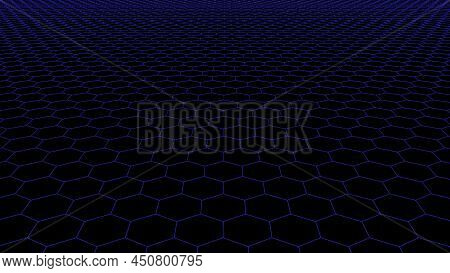 Neon Grid Background. Futuristic Digital Syntwave Blue Hexagon Lines On A Black Empty Surface Glowin