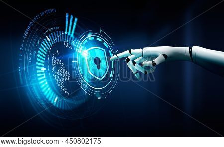 Robot Finger Touch Lock Icon With Earth Hologram. Cyberattack And Data Privacy, Cybersecurity With P