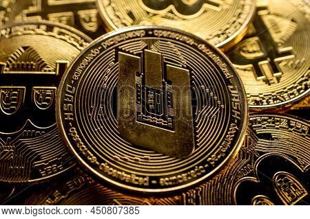 Cryptocurrency Dash Tokens From Above On Bitcoins Background