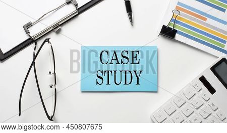 Stickers With Chart,calculator And Paper With Text Case Study On White Background