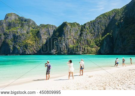 Beautiful Scenery Of Maya Bay Beach On Phi Phi Island, Krabi, Thailand. Landmark, Destination Southe