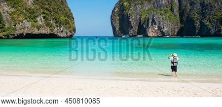 Beautiful Scenery Of Maya Bay Beach On Phi Phi Island, Krabi, Thailand. Landmark, Destination Southe