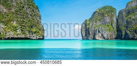 Beautiful Scenery Of Maya Bay Beach On Phi Phi Island, Krabi, Thailand. Landmark, Destination Southe