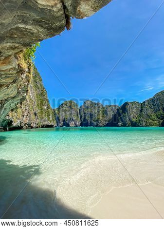 Beautiful Scenery Of Maya Bay Beach On Phi Phi Island, Krabi, Thailand. Landmark, Destination Southe