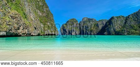 Beautiful Scenery Of Maya Bay Beach On Phi Phi Island, Krabi, Thailand. Landmark, Destination Southe