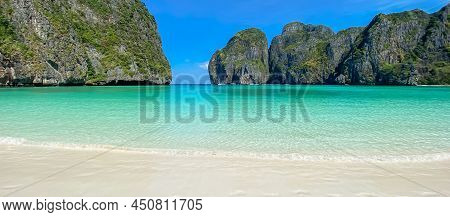 Beautiful Scenery Of Maya Bay Beach On Phi Phi Island, Krabi, Thailand. Landmark, Destination Southe