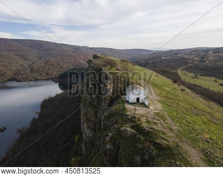 Aerial View Of Church Of Saint John The Baptist And Pchelina Reservoir, Pernik Region, Bulgaria