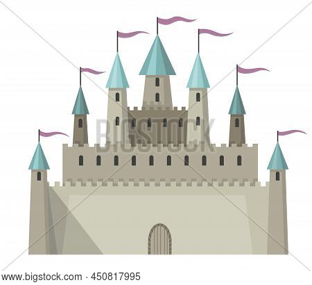 Medieval Kingdom Castle Or Royal Fortress. Fairy-tale Buildind Of Middle Ages Historic Period. Vecto