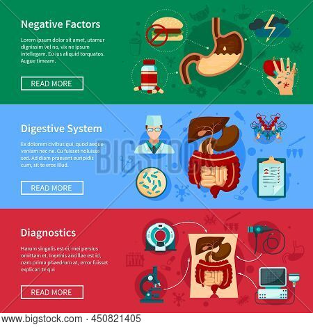 Three Horizontal Digestive System Flat Banner Set With Negative Factors Diagnostics And Digestive Sy