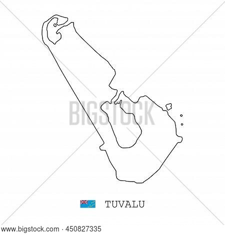 Tuvalu Islands Map Line, Linear Thin Vector Simple Outline And Flag. Black On White Background