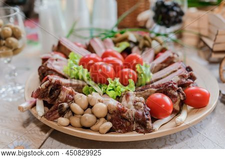 Slicing Different Types Of Meat. Meat Snacks On The Table. Wedding Buffet. Catering