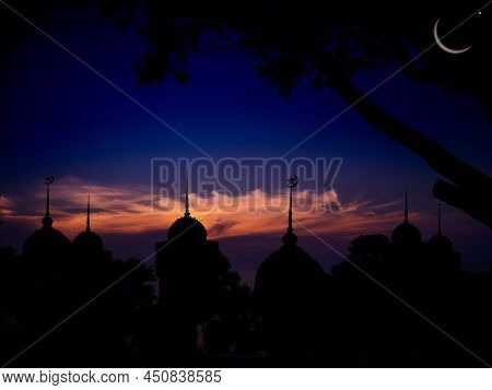 Ramadan, Eid Ai-fitr,new Year Muharram Islamic Religion Symbols With Mosques Dome, Crescent Moon Sil