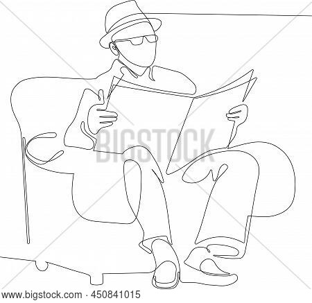Continuous One Line Drawing Of A Relaxed Senior Gentleman Reading A Newspaper Seated On An Armchair.