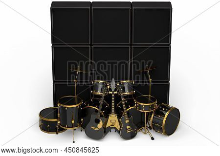 Set Of Realistic Drums With Metal Cymbals, Amplifier And Acoustic Guitars