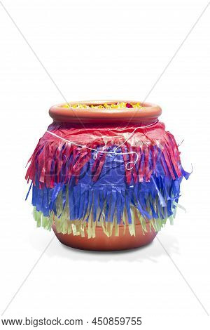Jars Decorated With Colored Paper. Surrounded By The Holy Thread, Inside Put Water Floating With Flo