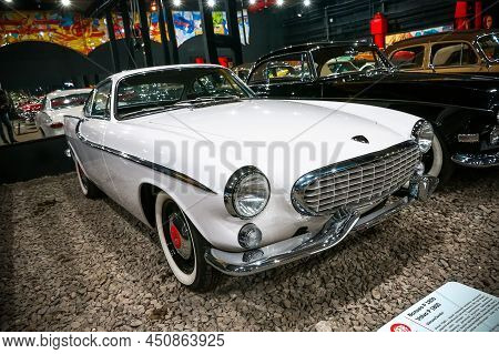 Moscow, Russia - March 6, 2022: White Sports Coupe Volvo P1800 In The Car History Museum.