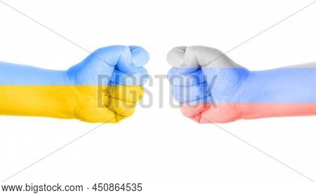 Two Fists In National Colors Of Ukraine And Russia As Symbol For Russo-ukrainian War