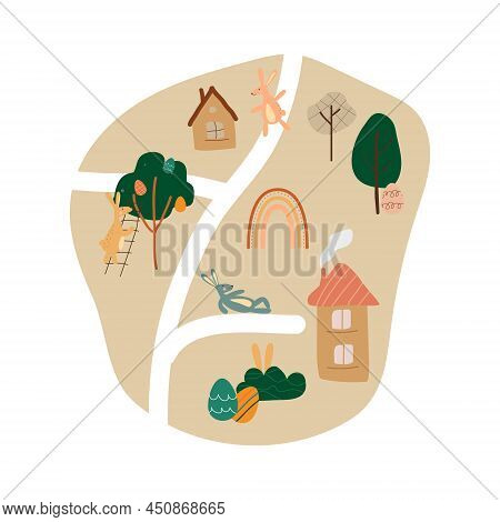 Egg Hunt Boho Map. Happy Easter Design. Town With Houses, Bunnies And Rainbow. Holiday Greeting Card