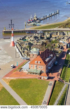 Bremerhaven, Germany - March 09, 2022: Aerial View Of The Historic Strandhalle Building And Lighthou