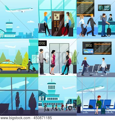 Nine Transport Square Compositions Set With Flat People Characters Airport Buildings Taxi Lounge And