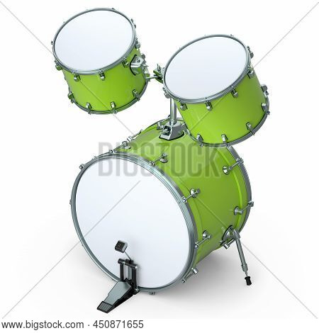 Set Of Realistic Drums With Pedal On White. 3D Render Of Musical Instrument