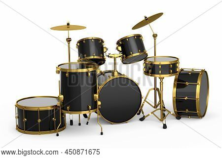 Set Of Realistic Drums With Metal Cymbals Or Drumset On White Background