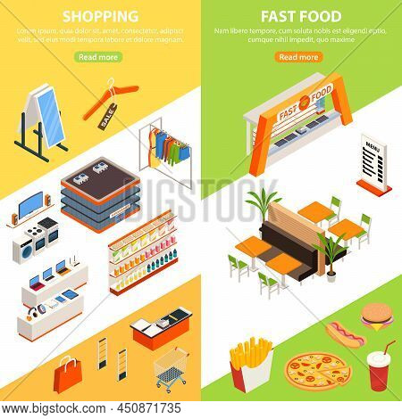 Shopping Mall Vertical Banners With Isometric Hypermarket Wear Store And Fast Food Court Service Cab